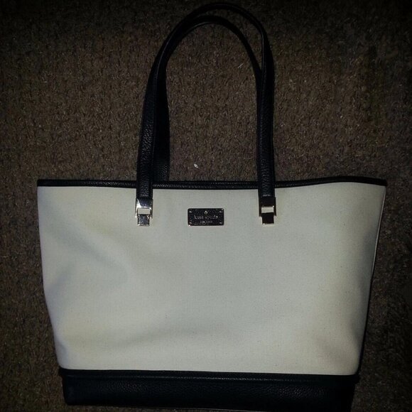 KATE SPADE-Oliver Street-Taren-Canvas Shoulder Bag-TOTE-Natural & Dark Navy-NWOT - Picture 1 of 7